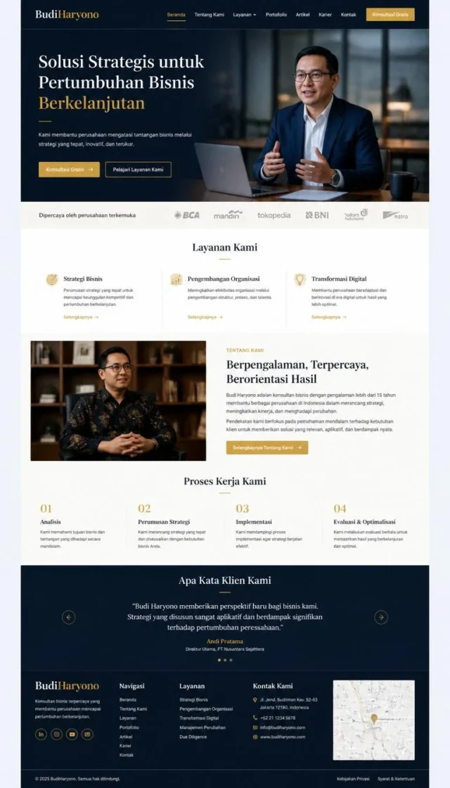 contoh website company profile korporat full page navy emas dengan hero kredibilitas