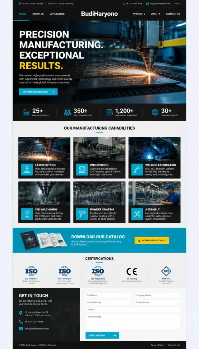 contoh website perusahaan manufaktur full page charcoal cyan dengan hero pabrik