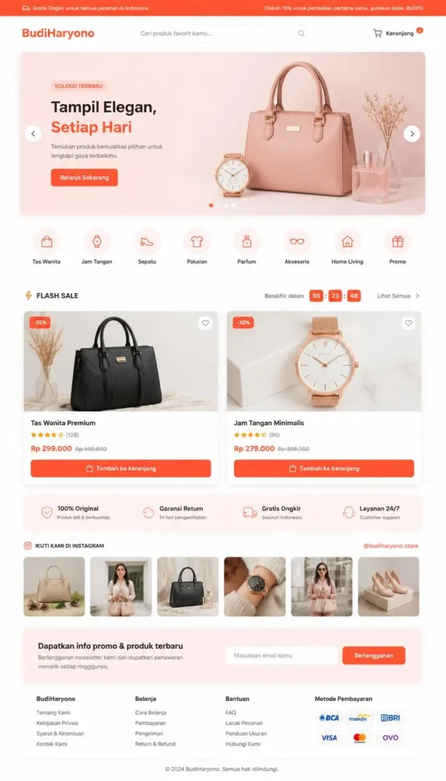 contoh website toko online UMKM full page coral dengan grid produk dan flash sale