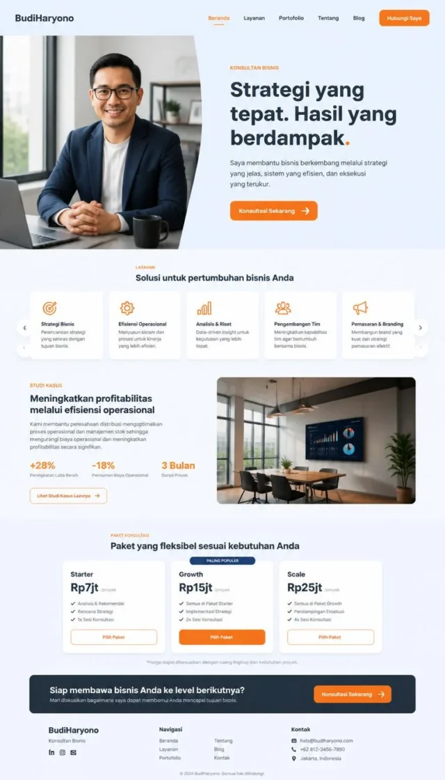 contoh website bisnis compact full page slate oranye dengan hero asimetris
