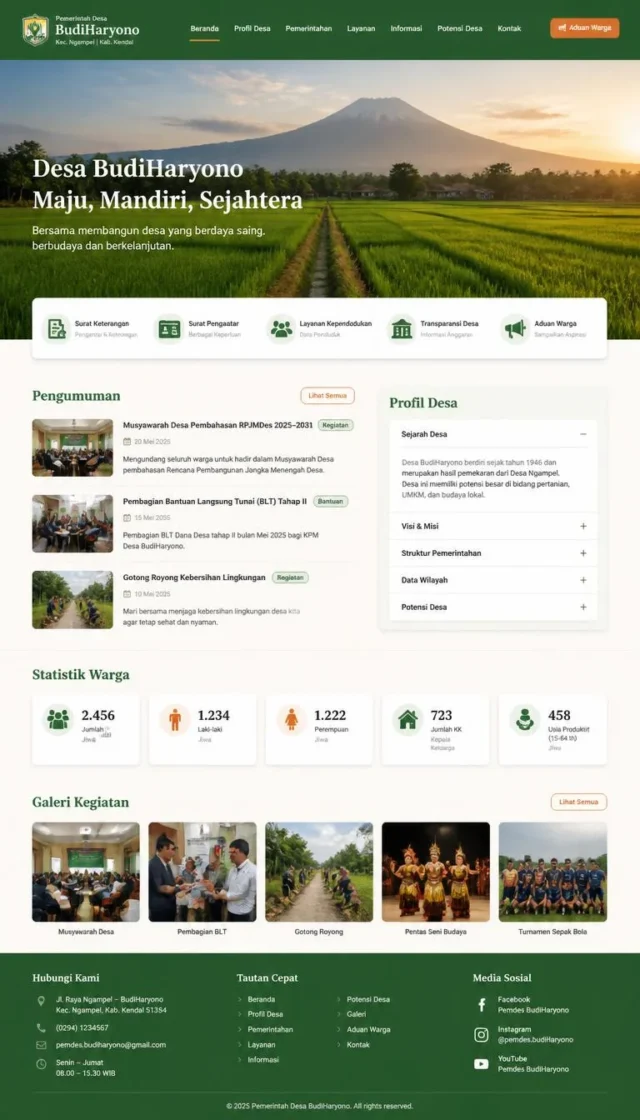 contoh website desa full page hijau sawah dengan shortcut layanan warga