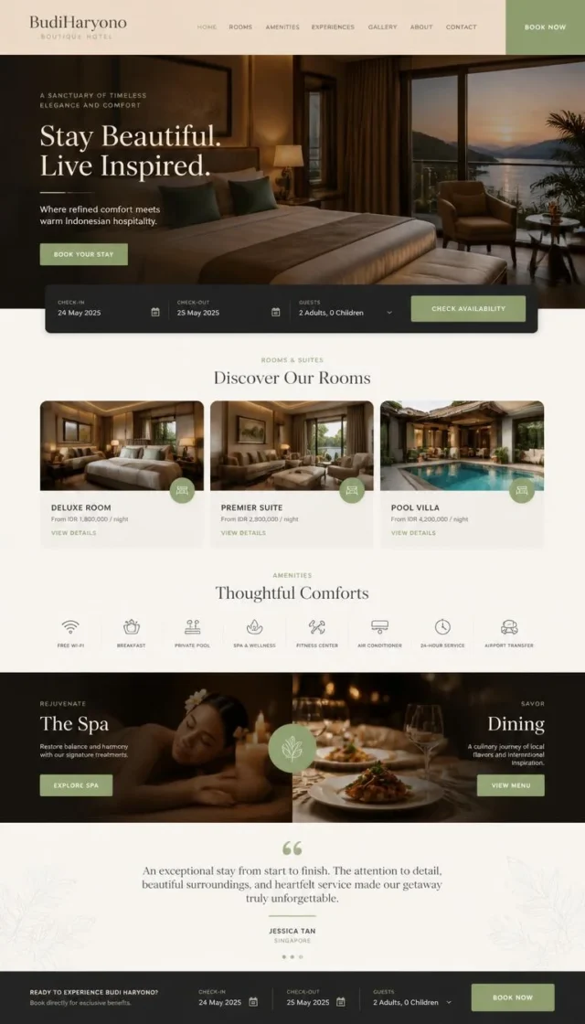 contoh website hotel boutique full page champagne charcoal dengan date picker booking