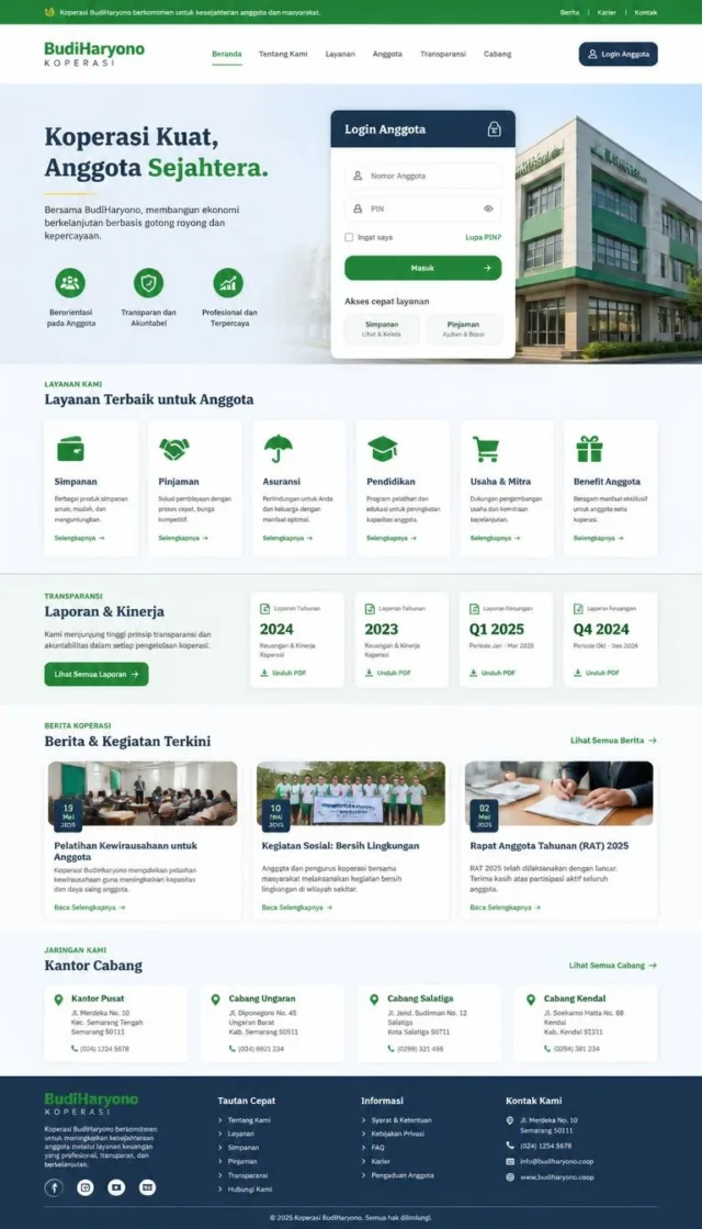 contoh website koperasi full page hijau navy dengan CTA layanan anggota simpan pinjam