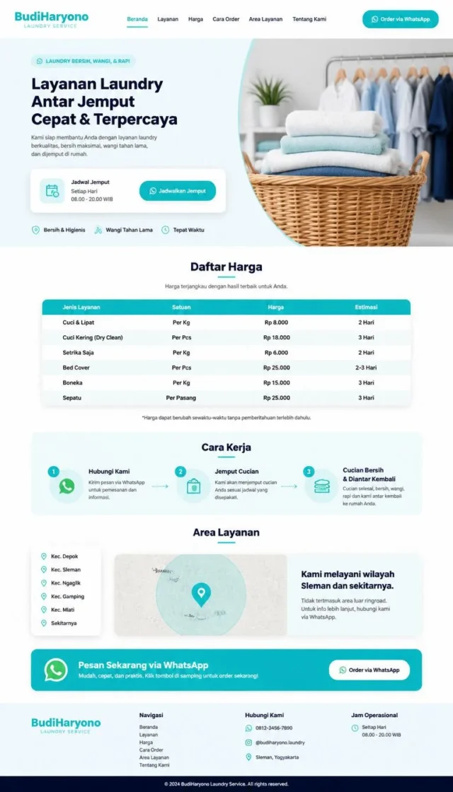 contoh website laundry jasa lokal full page aqua dengan CTA jemput cucian