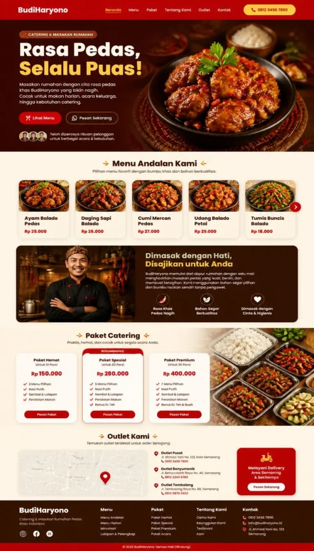 contoh website makanan kuliner full page merah cream dengan hero menu unggulan