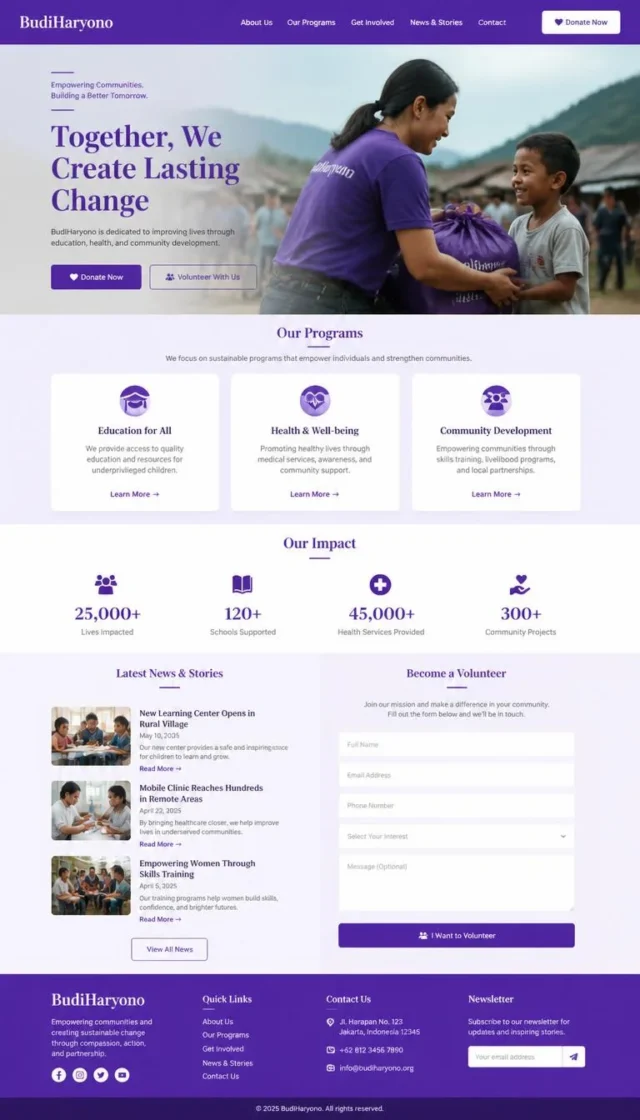 contoh website organisasi yayasan full page ungu dengan CTA donasi dan relawan