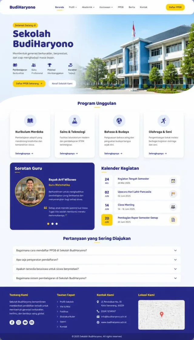 contoh website pendidikan sekolah full page indigo kuning dengan CTA PPDB