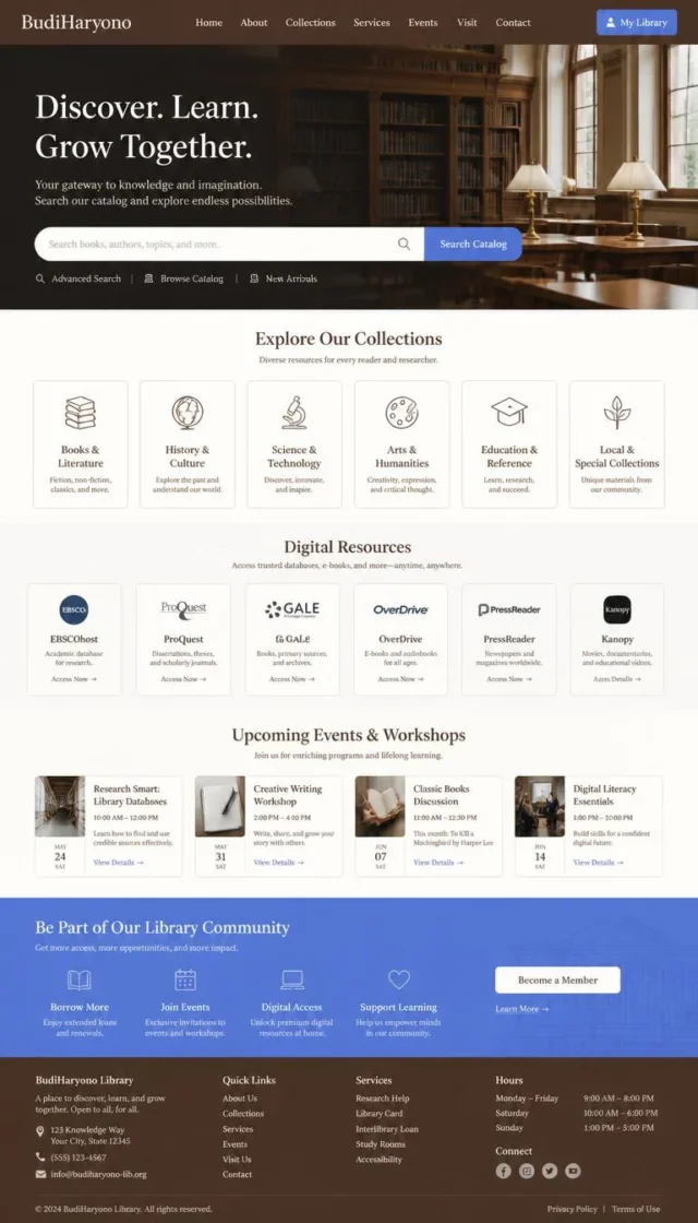 contoh website perpustakaan full page cokelat ivory dengan pencarian katalog utama