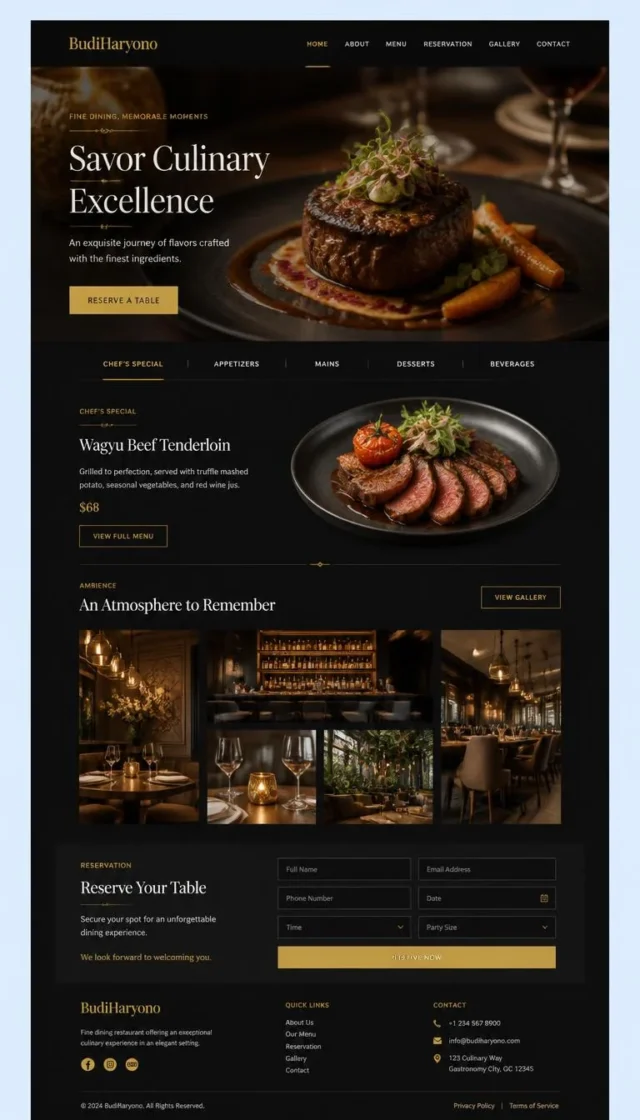 contoh website restoran full page hitam emas dengan CTA reservasi meja