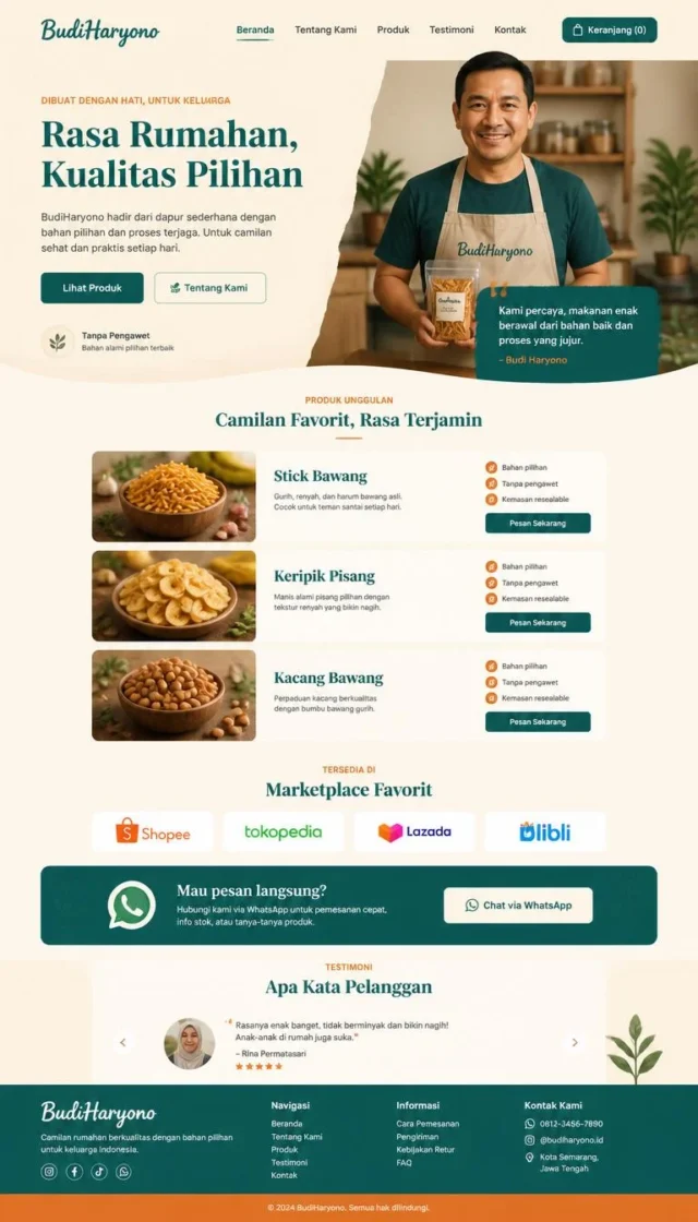 contoh website umkm full page teal cream dengan cerita founder dan order WhatsApp